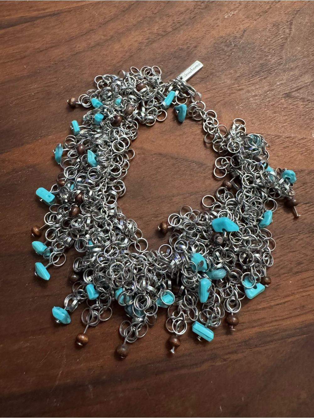 Daisy Fuentes Silvertoned Circle Links Bracelet Turquoise & Brown Beads